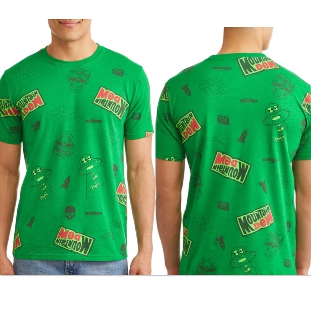 Mountain Dew green red logo alien print short sleeve crew neck t-shirt